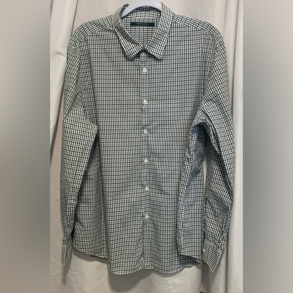 Perry Ellis Men's XXL Blue Green and White Checkered Button Down Cotton Shirt